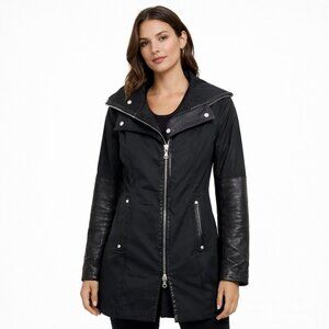 RUDSAK Womens Black Leather Sleeve Nylon Zip Jacket XS Fall